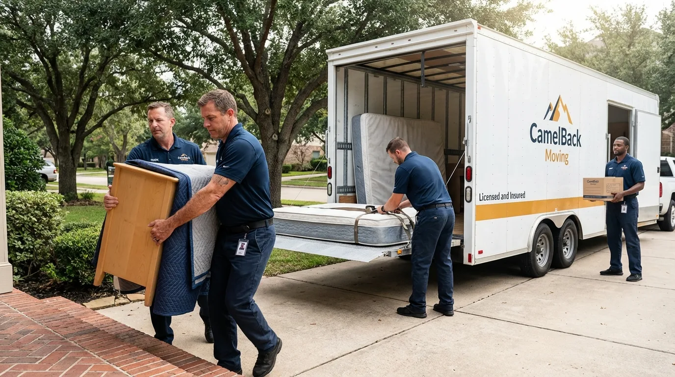 Crew loading residential truck for cross-state move from La Vernia, TX
