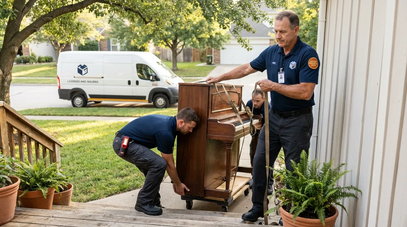 Licensed piano movers securing grand piano in La Vernia, TX