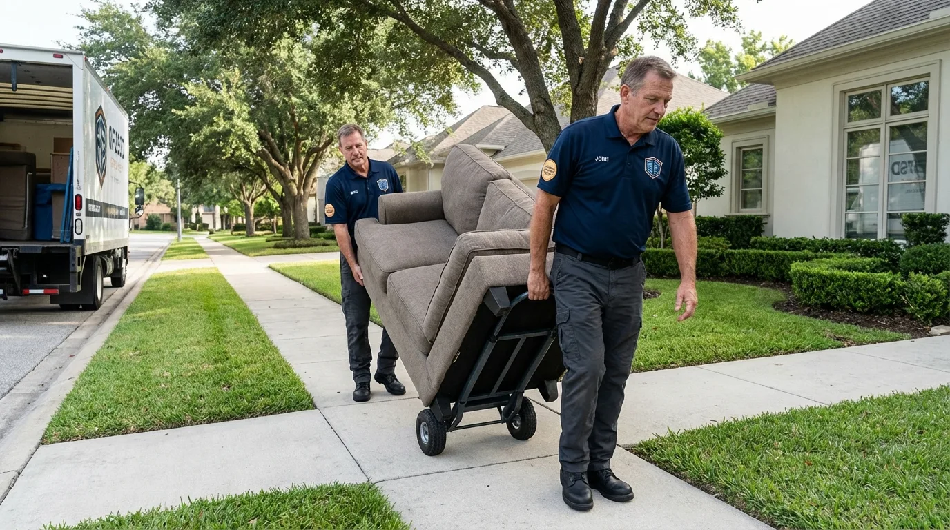 Local residential moving crew loading furniture in La Vernia, TX