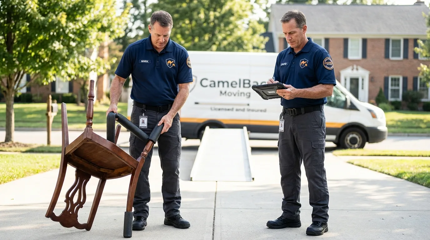 Movers inspecting furniture for damage prevention before loading in La Vernia, TX