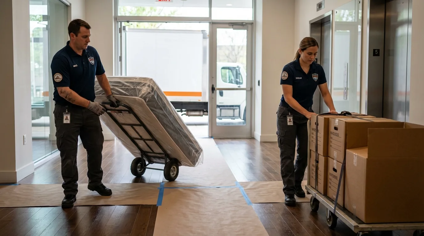Professional apartment movers loading elevator in La Vernia, TX