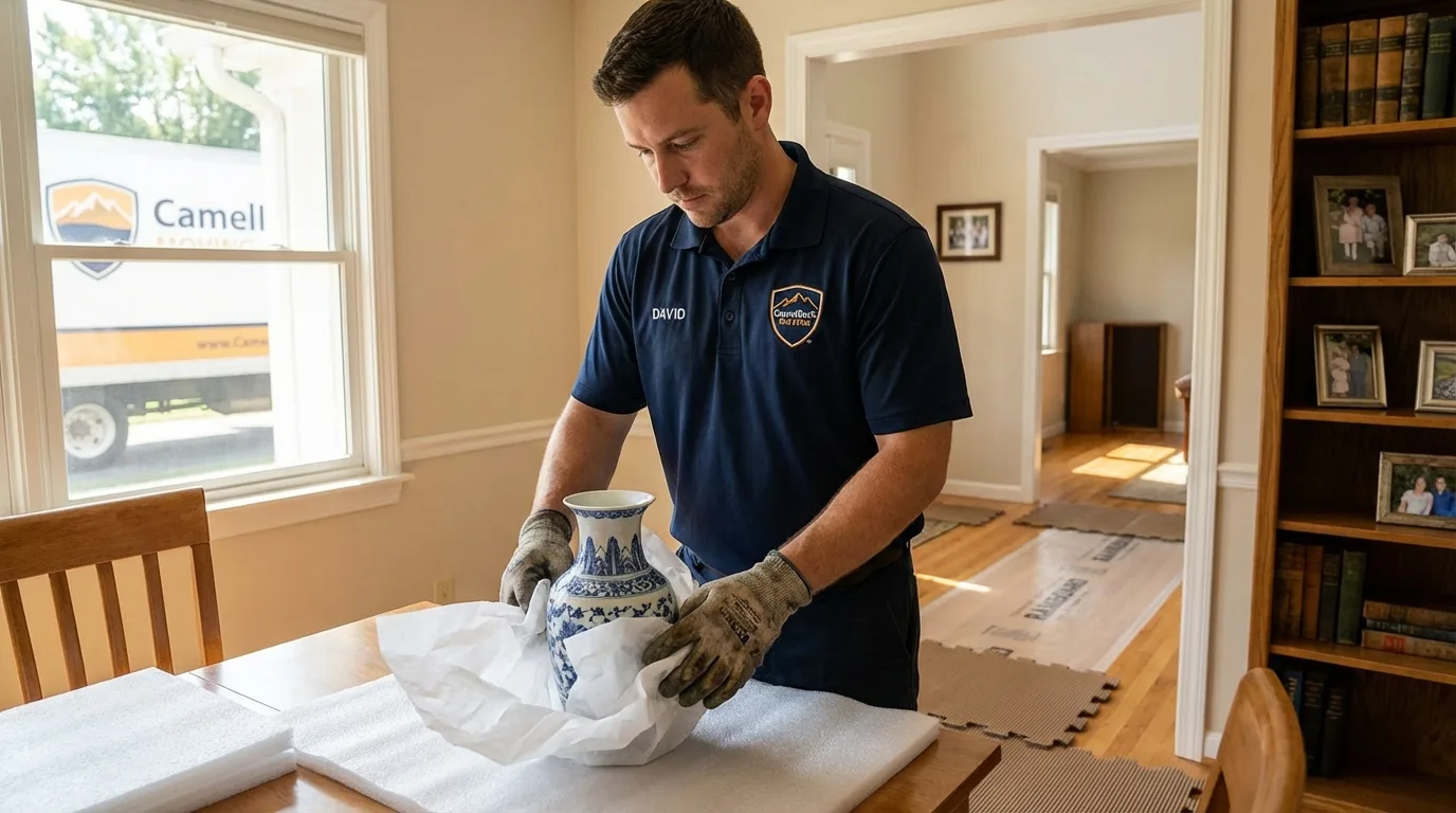 Professional crew carefully wrapping antique vase for senior downsizing move in La Vernia, TX